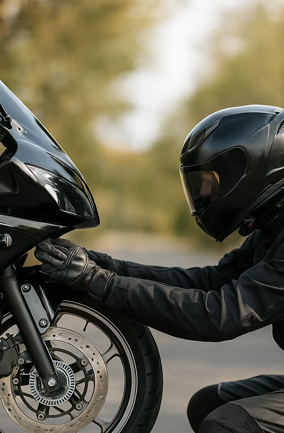Motorradfahrer bei der Vorbereitung am Motorrad