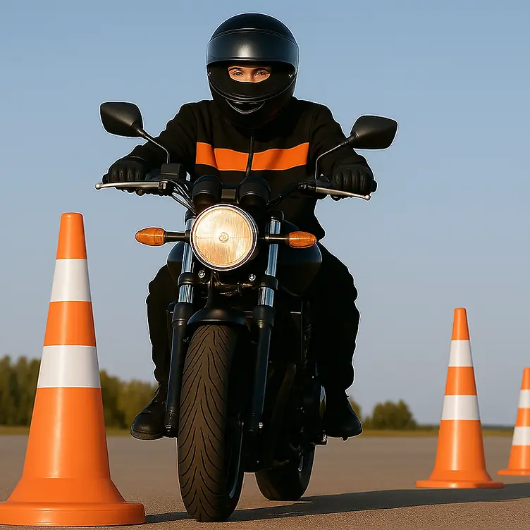 Motorradfahrer zwischen Pylonen